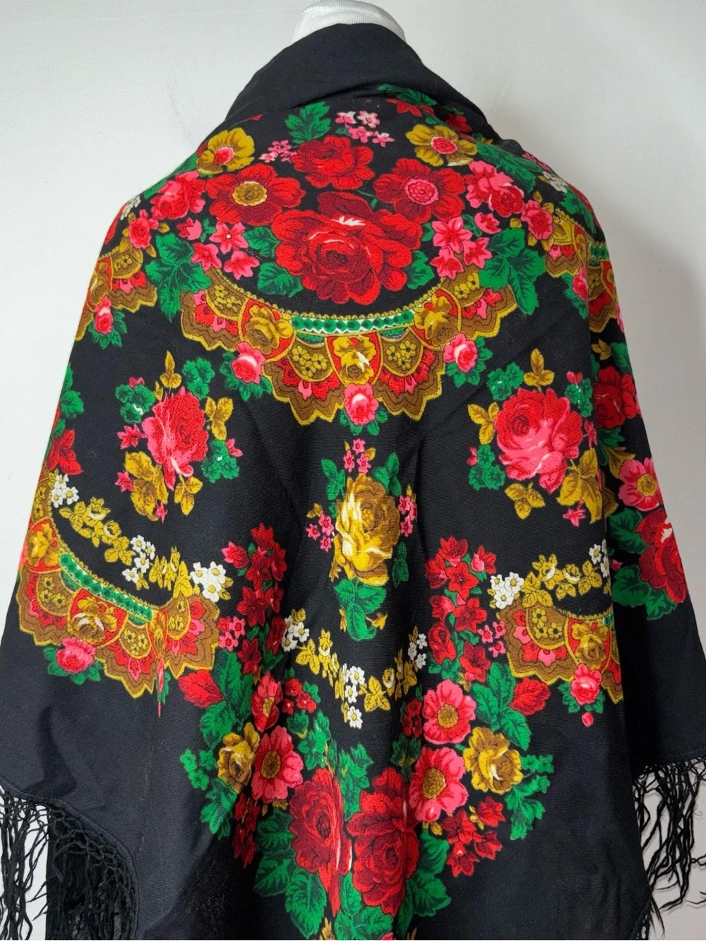 Vintage Russian Wool Floral Shawl Black Floral 52